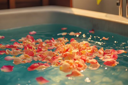 Rose petals in shades of pink and white gently float on the surface of clear blue water, creating a tranquil atmosphere.の写真素材