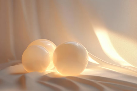 Three smooth spheres are softly lit on a white fabric surface, creating a tranquil and harmonious atmosphere.の写真素材