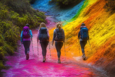 Four hikers navigate a stunning rainbow-colored path in a beautiful natural setting surrounded by greenery.の写真素材