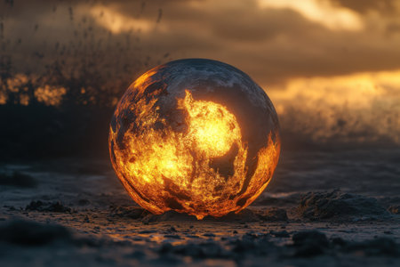 A glowing Earth-like sphere rests on the ground, illuminated by a vibrant sunset, surrounded by textured terrain.の写真素材