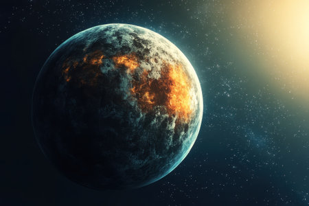 A distant planet is shown with fiery patches and swirling gases, set against a backdrop of stars.の写真素材