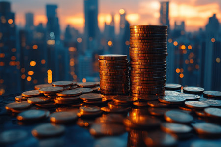 Stacks of coins shine in golden light as the sun sets behind a bustling city skyline.の写真素材