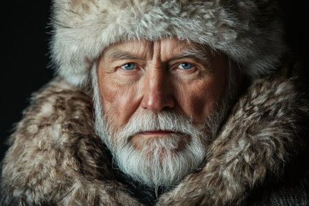 An elderly man with striking blue eyes dressed in a fur hat and coat displays a profound sense of wisdom and dignity.の写真素材