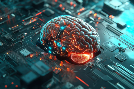A colorful brain is prominently displayed on a circuit board, showing advanced technology and AI concepts.の写真素材