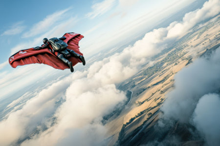 A wingsuit flyer glides through fluffy clouds over a green and brown landscape, capturing a thrilling moment.の写真素材