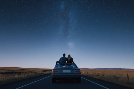 A couple enjoys a romantic moment while stargazing from their car rooftop in the peaceful countryside.の写真素材