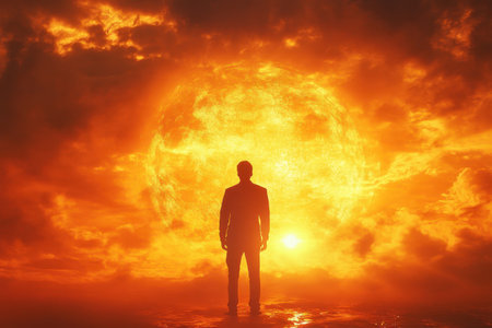 A person gazes at a striking sunset, immersed in golden hues and cloud formations during twilight.の写真素材