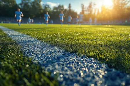 The vibrant green grass glistens as athletes passionately chase the ball during a lively soccer match.の写真素材