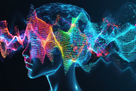 A vivid illustration shows a human head with colorful data streams and digital patterns symbolizing neural activity.の写真素材