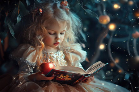 A child with long hair reading a storybook while holding a red apple, surrounded by soft lights and greenery.の写真素材