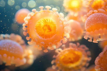 Colorful jellyfish float serenely through the ocean, illuminated by sunlight and surrounded by bubbles.の写真素材