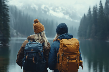 Two hikers admire the serene lake surrounded by dense trees and mountains on a foggy day.の写真素材