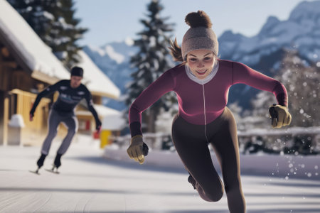 Two individuals skate swiftly on ice surrounded by snow-covered mountains and a clear blue sky.の写真素材