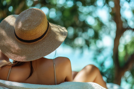 A woman enjoys a peaceful moment in a tropical setting, soaking up the sun with her straw hat.の写真素材