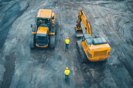 Two construction workers supervise operations involving an excavator and a loader on a dirt surface.の写真素材
