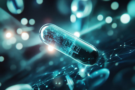 A futuristic capsule design features intricate digital circuits, symbolizing advancements in biotechnology.の写真素材