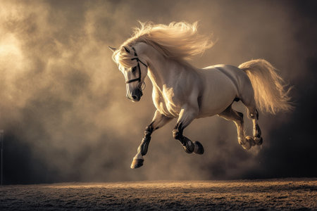 A stunning white horse runs, its mane flowing in the wind, surrounded by a misty golden atmosphere at dusk.の写真素材