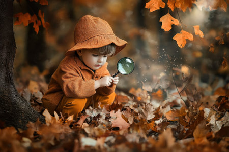 A child in an orange sweater crouches in colorful autumn leaves, closely examining them with a magnifying glass.の写真素材