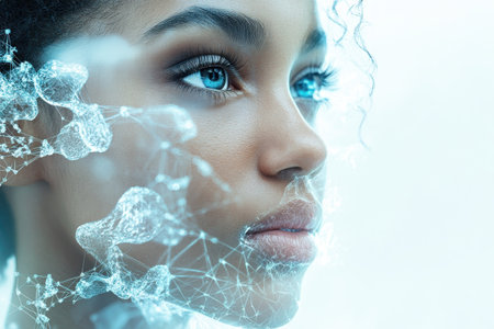 A close-up view of a woman's face intertwined with abstract digital patterns and glowing elements.の写真素材