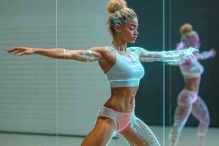 A woman engages in a fitness routine with a digital overlay illustrating her muscle anatomy and form.の写真素材