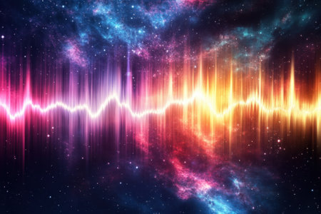 Colorful sound waves stretch across a cosmic backdrop, blending vivid hues against a star-filled expanse.の写真素材
