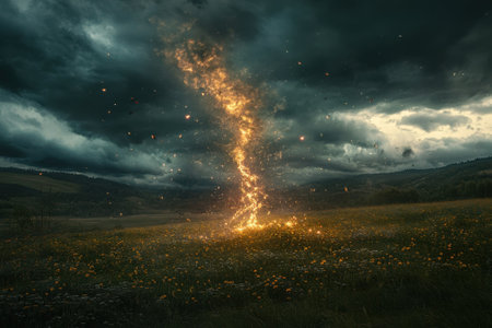 A bright lightning spark rises from a field of colorful flowers under dark, moody clouds at dusk.の写真素材