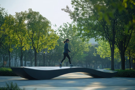 Jogger runs on a stylized path surrounded by vibrant trees in a peaceful morning park atmosphere.の写真素材