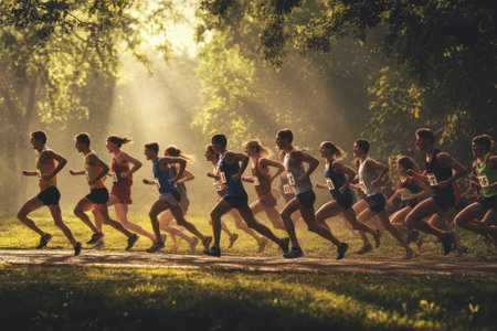 Competitive athletes race down a forest path at dawn, surrounded by natural beauty and soft light.の写真素材