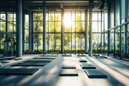 Spacious fitness studio filled with natural light, featuring workout mats and exercise machines amidst greenery.の写真素材