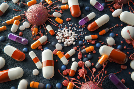 Various capsules and pills are scattered around virus models, highlighting their importance in healthcare research.の写真素材