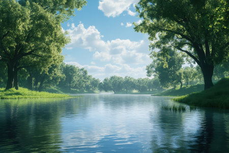 A peaceful river reflects the clear sky, surrounded by vibrant green trees on a sunny day.の写真素材