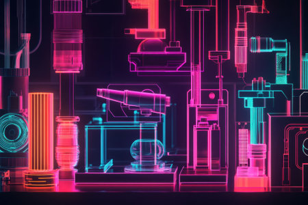 Neon-lit laboratory tools and instruments create a colorful display in a dark setting, showcasing advanced technology.の写真素材