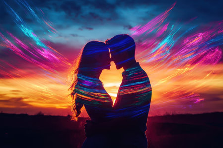 Silhouetted lovers embrace as vibrant colors swirl around them at sunset, creating a magical atmosphere.の写真素材