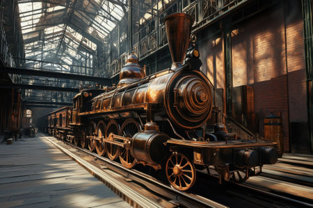 A detailed view of a classic steam locomotive resting inside a spacious old train depot under natural light.の写真素材