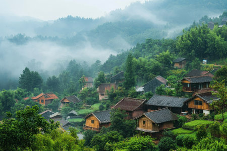 Wooden houses nestled among lush greenery and misty hills create a tranquil rural atmosphere during early morning.の写真素材