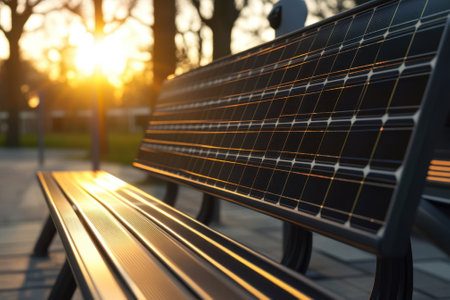 Golden sunlight glimmers on a modern bench powered by solar technology in a serene park setting.の写真素材