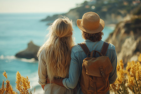 A couple stands together, admiring the tranquil ocean and the stunning cliffs at sunset.の写真素材