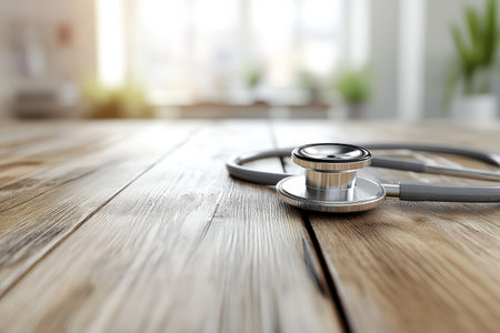 A stethoscope lays on a wooden table, illuminated by soft natural light from nearby windows.の写真素材