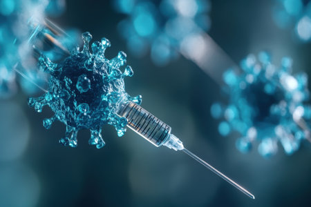 A syringe approaches a virus particle, symbolizing vaccination and medical advancements in healthcare.の写真素材