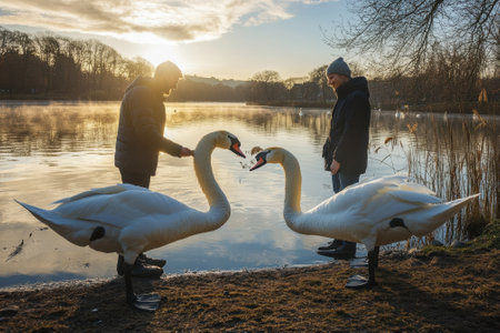 Two friends stand by a serene lake at sunrise, feeding swans while enjoying the peaceful morning.の写真素材