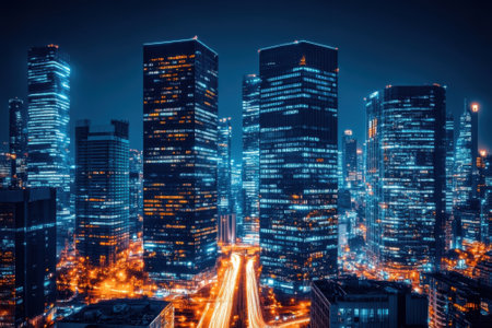 A bustling urban landscape at night showcasing tall buildings glowing with bright lights and traffic below.の写真素材