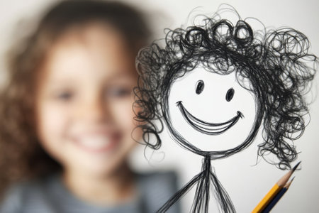 A cheerful child with curly hair stands next to a simple drawing of a smiling stick figure holding a pencil.の写真素材