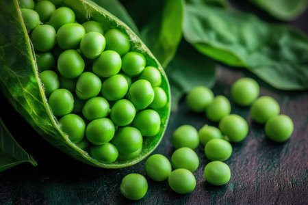 Green peas fill a pod, surrounded by fresh spinach leaves, showcasing a healthy and vibrant scene.の写真素材