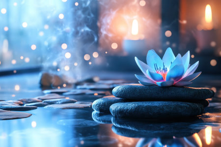 A soft glowing lotus flower rests on smooth stones, surrounded by calming elements in a serene spa atmosphere.の写真素材