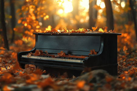 A serene piano rests among vibrant orange and yellow leaves, illuminated by the warm glow of sunset.の写真素材