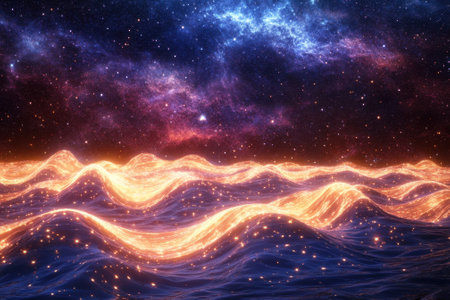 Glowing waves undulate across the surface as cosmic colors fill the night sky with stars and vibrant hues.の写真素材