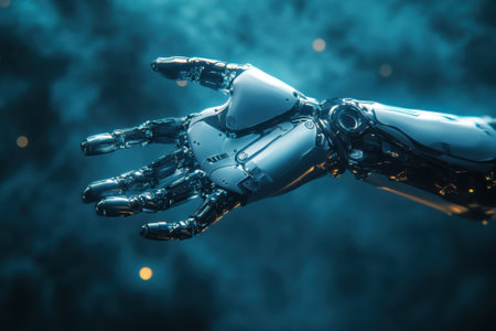 A highly detailed robotic hand extends toward an unseen target, showing advanced technology and design.の写真素材