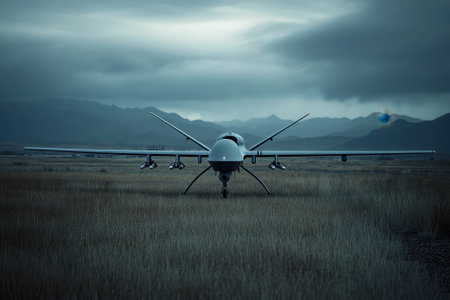A drone stands ready on a grassy field in a desolate landscape, surrounded by mountains and clouds.の写真素材