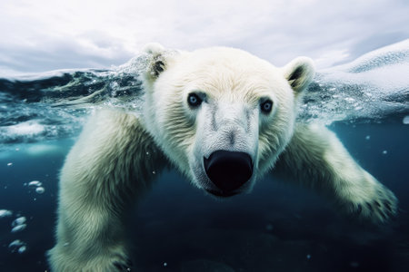 A polar bear swims gracefully beneath the surface, showing its powerful build and stunning white fur in icy waters.の写真素材