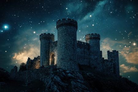 A medieval castle stands proudly on a rocky hill, surrounded by a stunning starry sky and gentle clouds at night.の写真素材